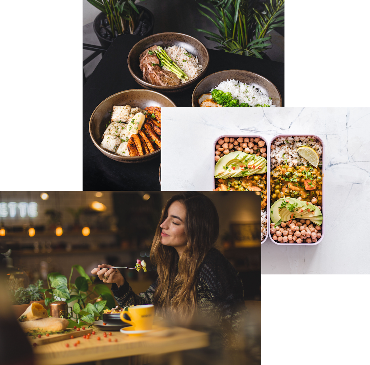 woman eating,health food in bowls, meals in a container